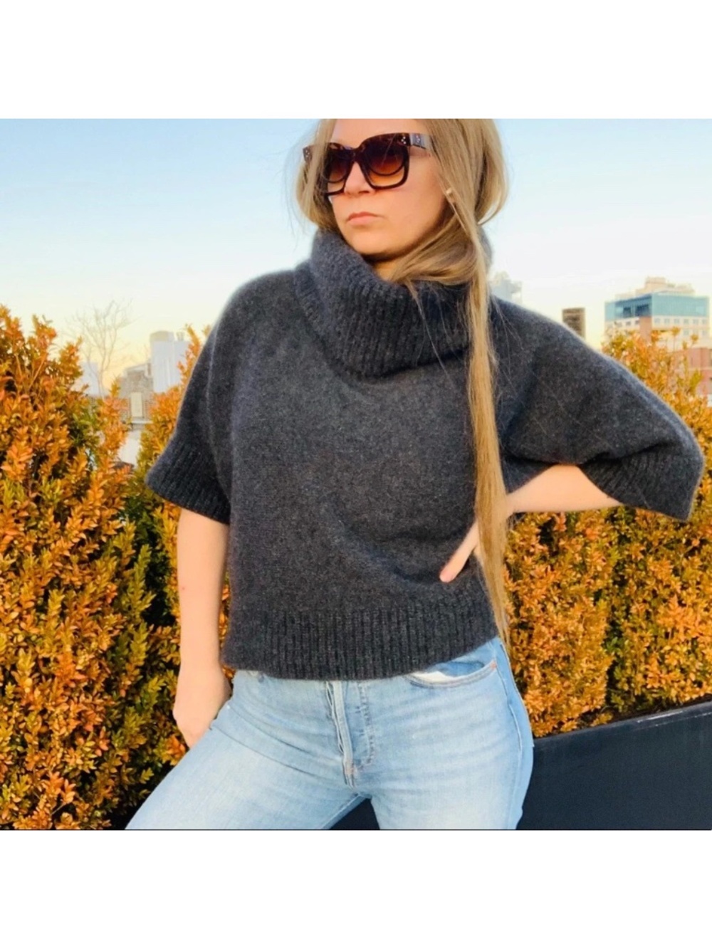 Neiman Marcus Cashmere Cowl Neck Shift Crop Gray Pullover Sweater Oversized